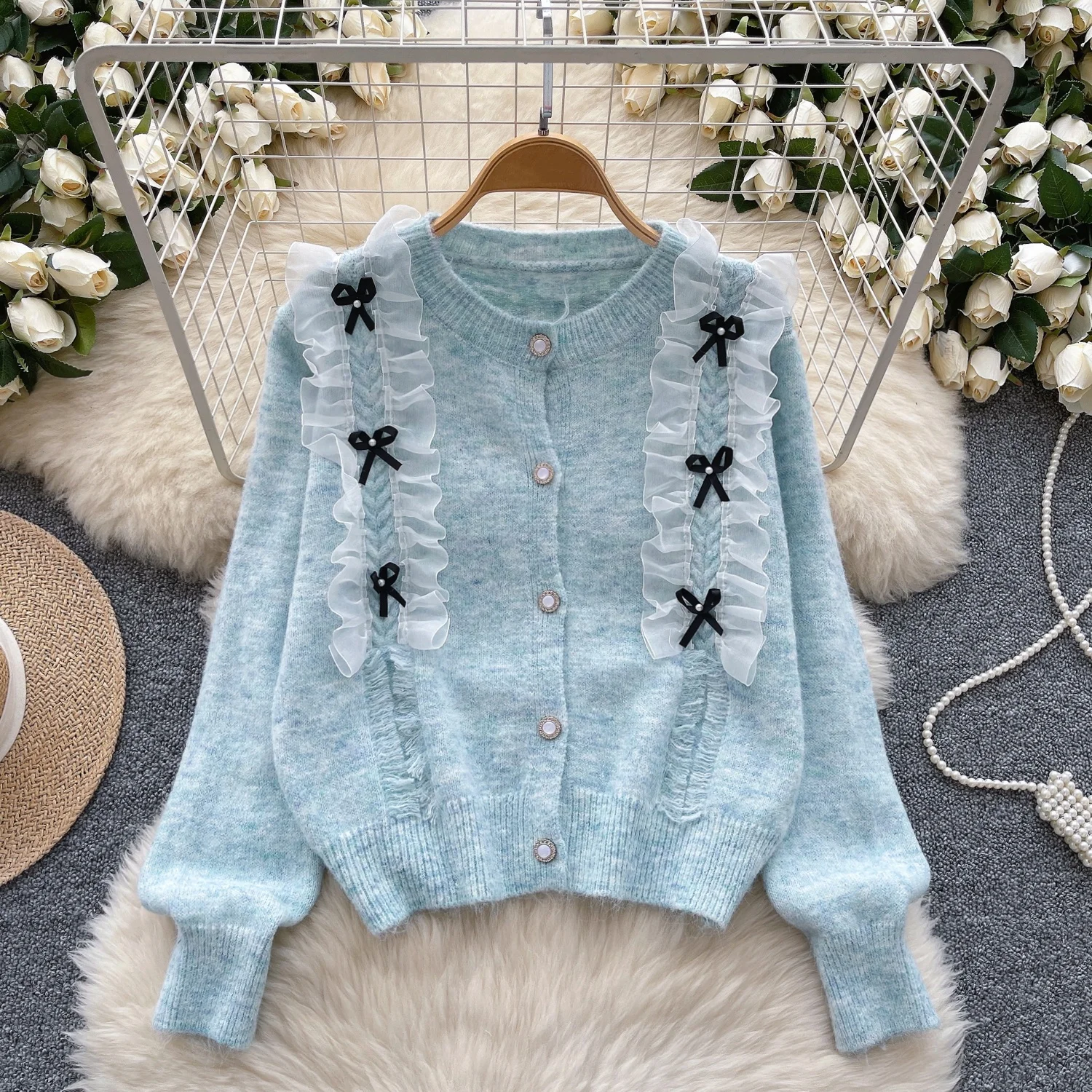 

Clothland Women Sweet Bow Tie Cardigan Ruffle Long Sleeve Sweater Jacket Female Outwear Tops Mujer HA567