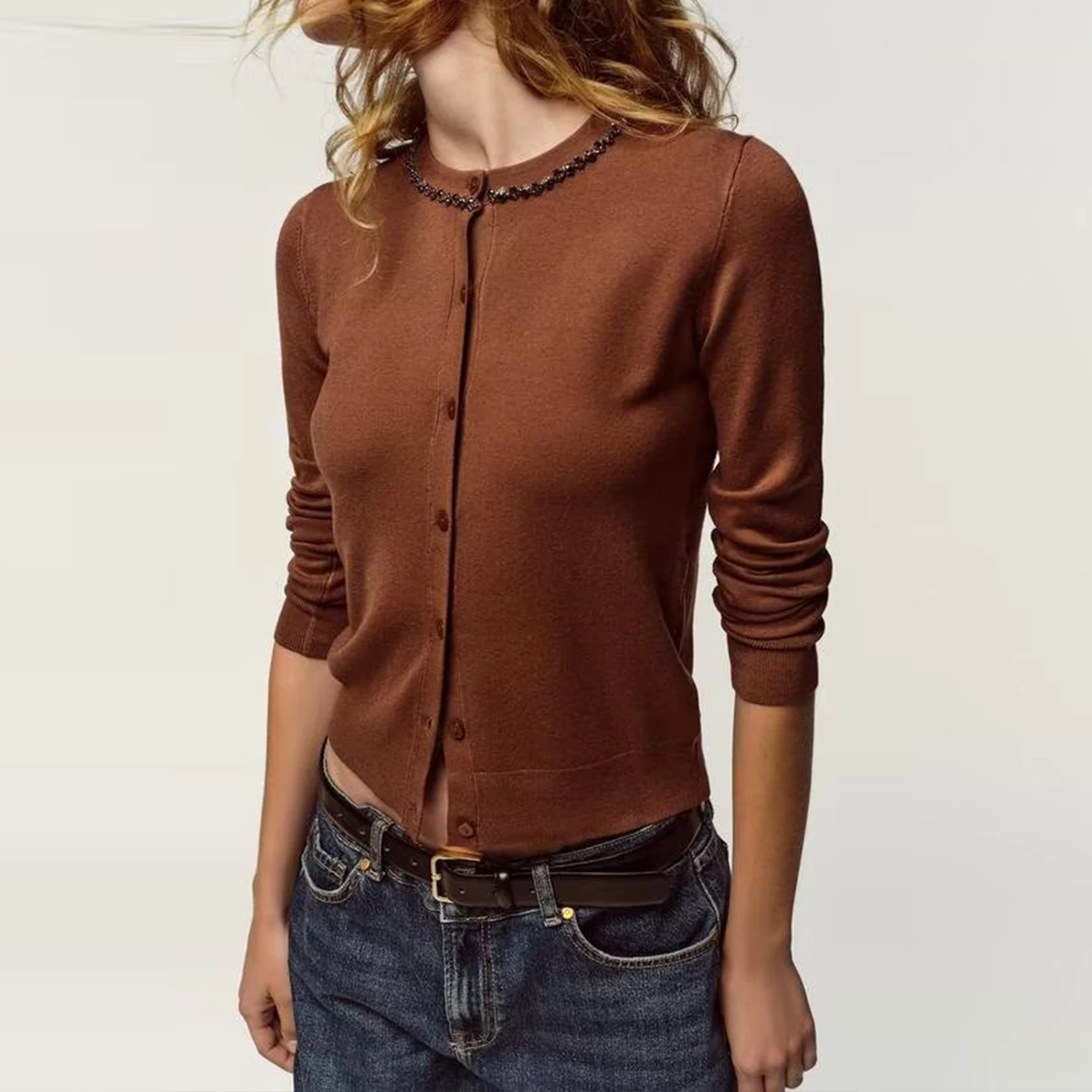 Z Women's Casual Sle Long Sve round Ne Open Cardigan Jewelry Design Faionable Ele Autumn 2025 Knitted Sweater