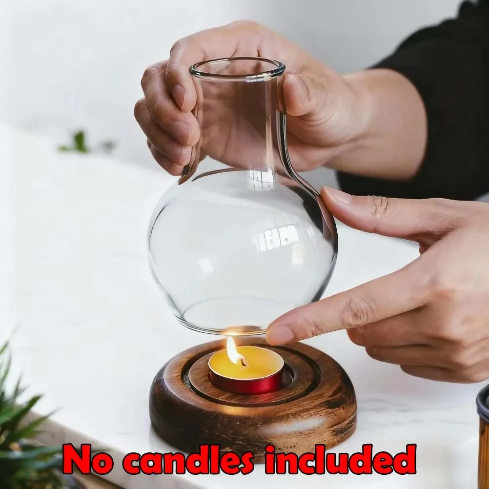 Vintage Glass Candle Holder Wooden Base Windproof Round Tea Light Stand Candle Holder Festive Table Decoration Home Decoration