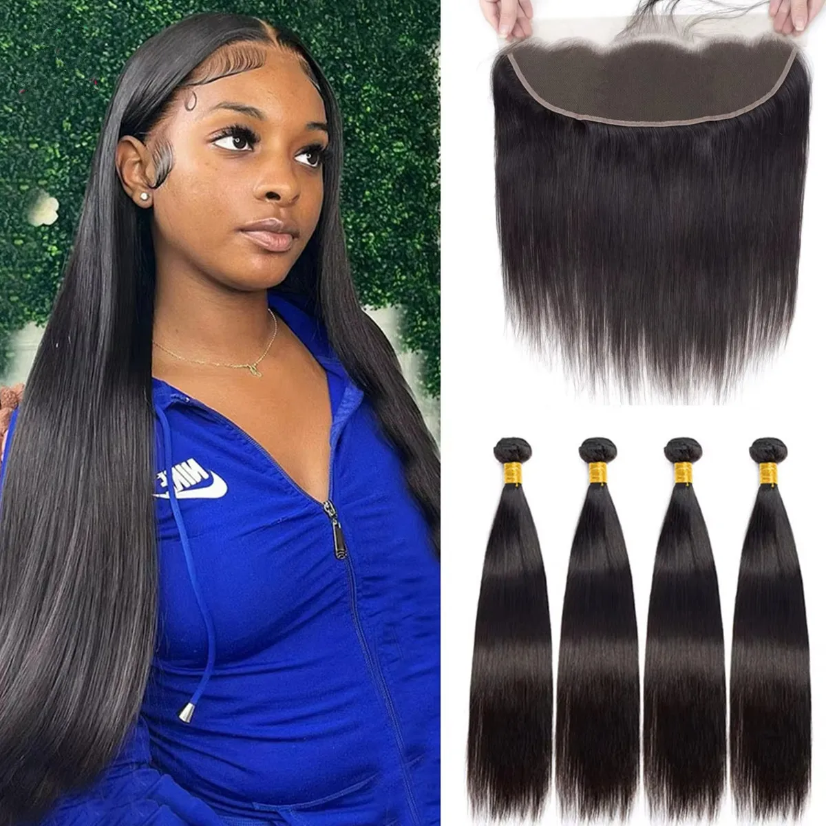

Straight 4 Bundles with Frontal 13x4 Ear to Ear Lace Frontal Unprocessed Virgin Human Hair Straight Bundles with Lace Frontal