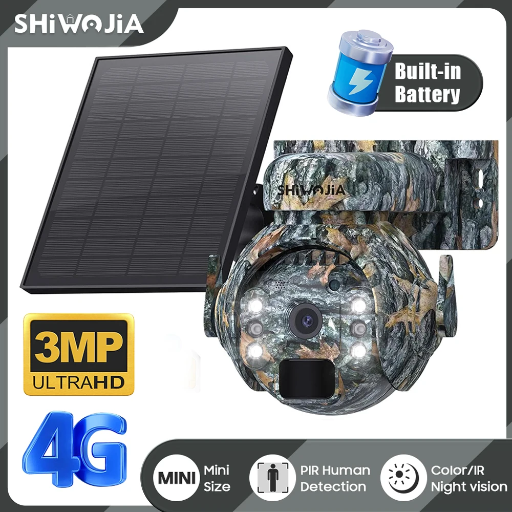 SHIWOJIA 3MP Solar Camera 4G SIM WIFI Security Trail Camera with Solar Panel Night Vision Motion Activated Surveillance PTZ Cam