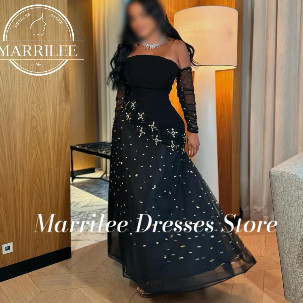 Marrilee Custom Made Boat Neck Appliques Detachable Sleeve A-Line Zipper Back Solid Color Tulle See Through Classic Celebrity