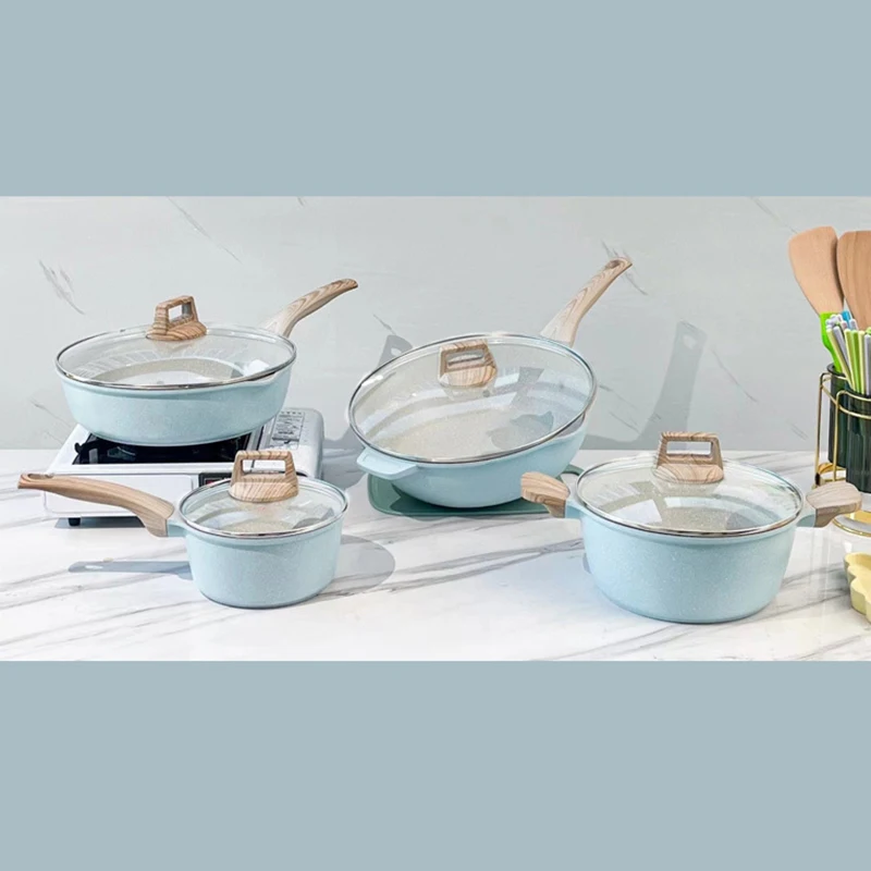 Cookware Set 4pcs Induction Bottom Saucepan Soup Pot Non-Stick Frying Pan Wok with Glass Lids