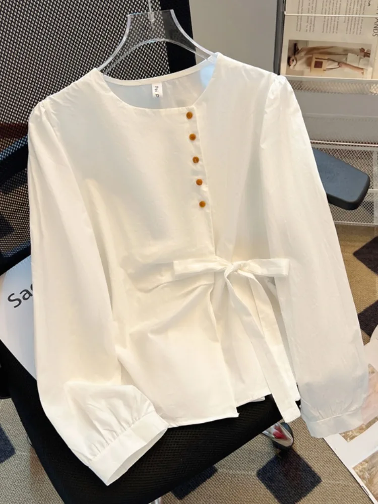 

Ele Long Sve irt Women's Autumn Irregular Design Waist Cinching Belt Slimming Top Korean Sle Loose Fit Button Detail