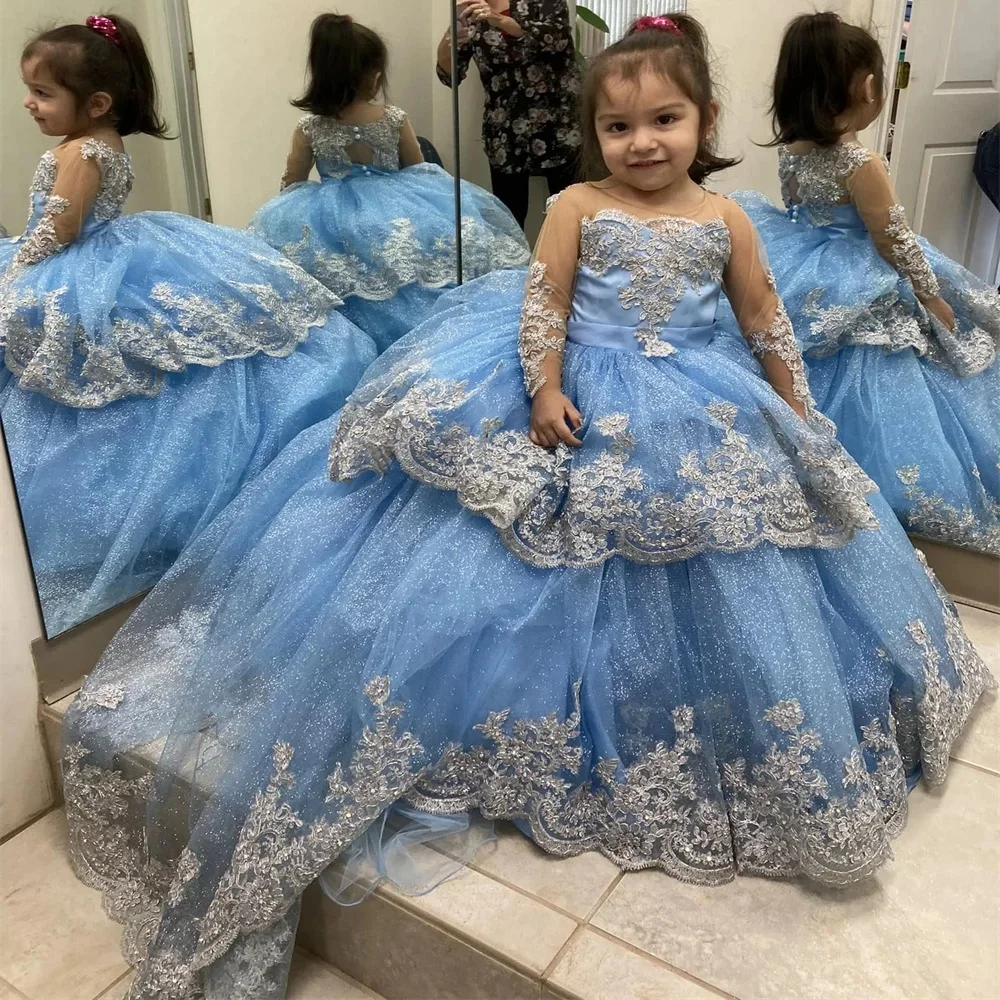 Blue Sparkling Flower Girl Dresses Lace Appliques A-Line Tiered Floor Length Cute Baby Birthday Party Bridesmaid Ball Prom Gowns