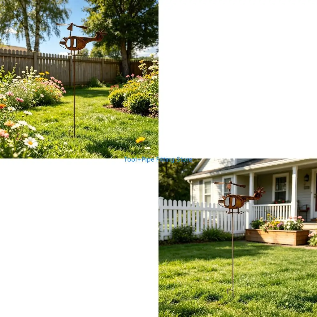 F92B Home Garden Yard Piece with Helicopter Form, Metal Patriotic Helicopter Windmill Stake for Lawn View, Flower Bed and Front
