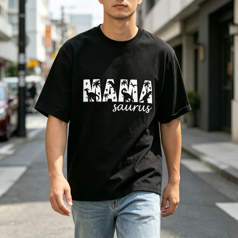 Funny Mamasaurus Graphic Unisex T‑Shirt Vintage Dinosaur Silhouette Short Sleeve Cotton Tee Casual Daily Tops Gift for Mother