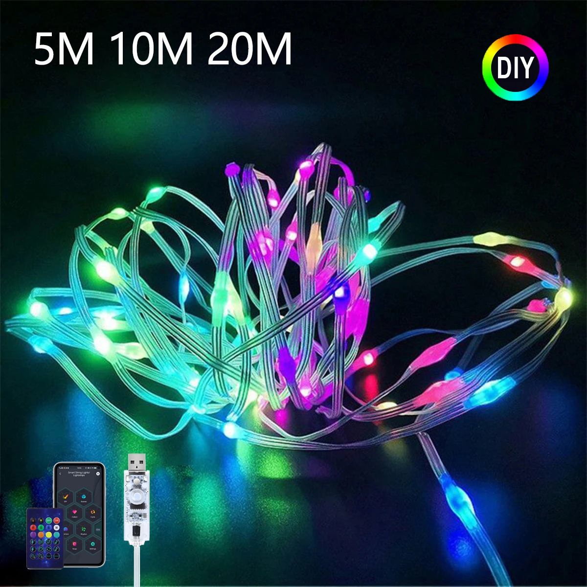 Dreamcolor Girlande LED-Lichterkette USB WS2812B Bluetooth APP Comtrol RGBIC adressierbare Lichterkette für Weihnachten, Hochzeit, Deko