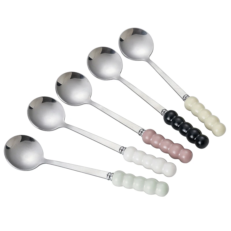 1PC Dessert Spoon High Appearance Level Creative Pearl Ceramic Handle Household Stainless Steel Spoon DIY Accessories