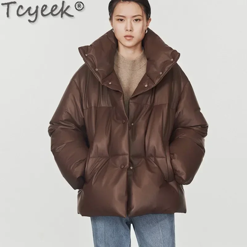 Tcyeek-Doudoune en cuir véritable pour femme, manteau chaud, cuir de mouton, coupe combinée, nouveau style, hiver