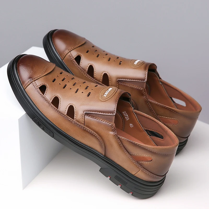 

Летние мужские сандалии с закрытым носком, дышащие, нескользящие, износостойкие, повседневные, увеличивающие рост, пляжная обувь для среднего возраста (38-48)