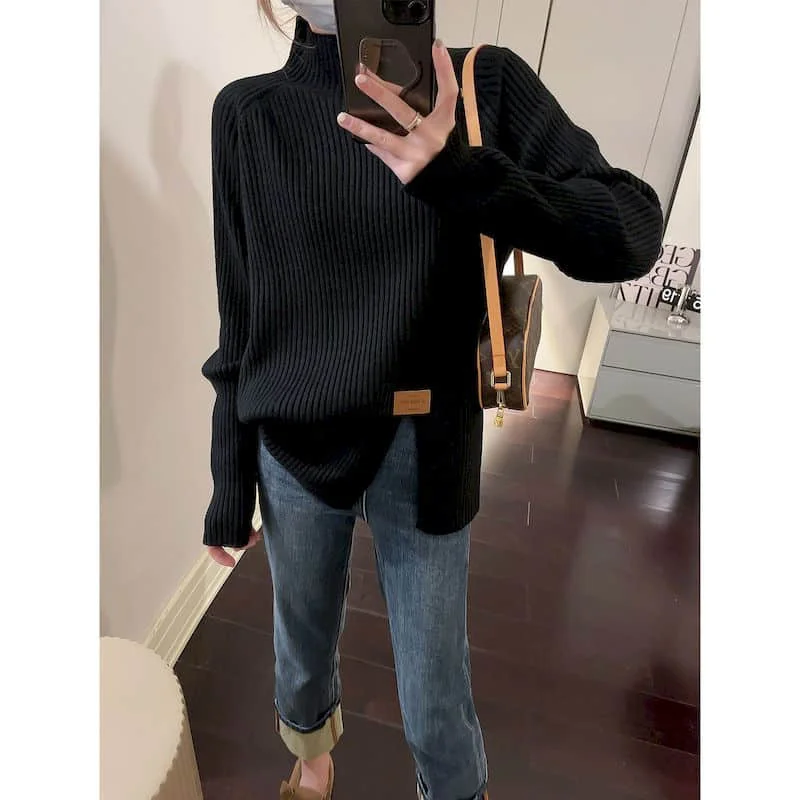 

Pullover Sweater Women Knitwear Stand Collar Korean Style Oversized Knitted Long Sleeved Tops Solid Irregular Fork Clothes Women