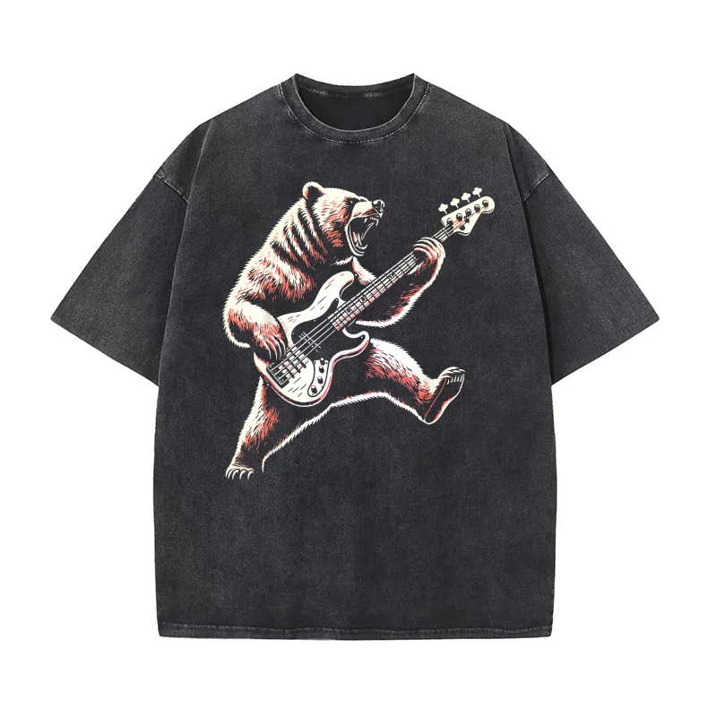 

100% Cotton 230 GSM Retro Bear Playing Bass Guitar Bear Guitarist Music Lovers T-Shirt Wash Old Style Men T Shirts 5XL Oversize
