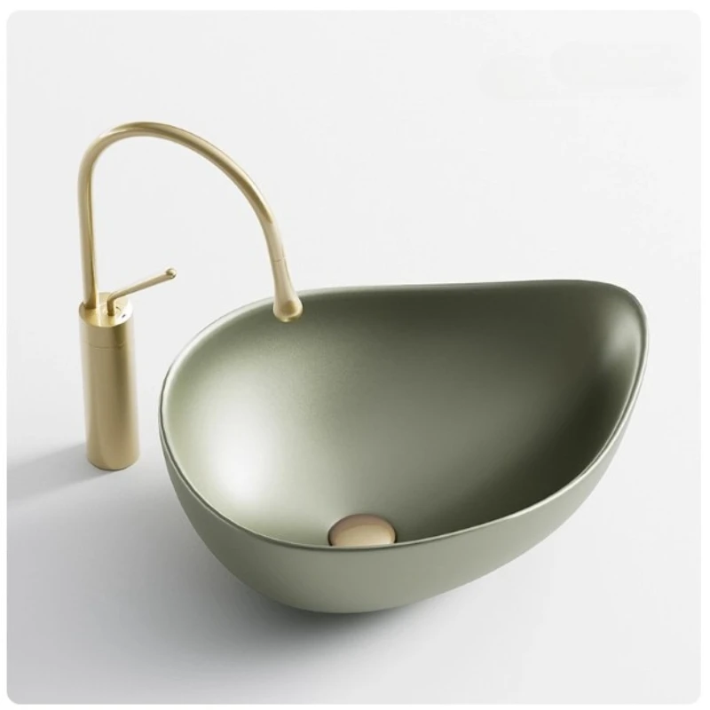 Medieval style olive green ceramic countertop basin bathroom household washbasin balcony deepened washbasin hotel single basin