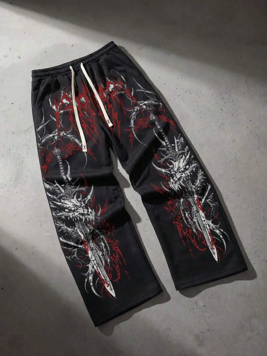 Dark Series Style Vollbedruckte 3D-Hosen für Männer und Frauen, locker geschnittene, gerade Beinlänge, Y2K Streetwear, lässige Hip-Hop-Hosen – Detail 3