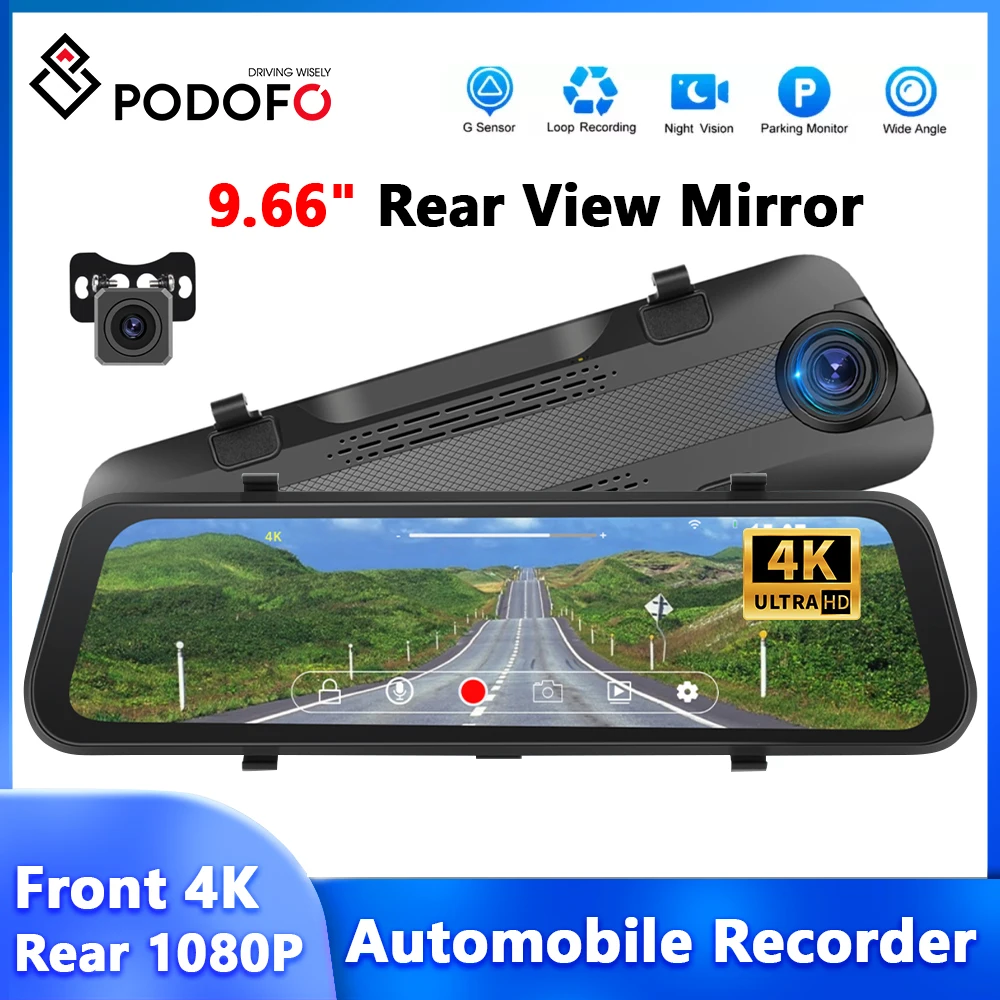 

Podofo 9.66'' IPS Touch Screen Car Rearview Mirror Dual Cams 4K Front Cam GPS G-sensor Night Vision Parking Monitor Car Mirror