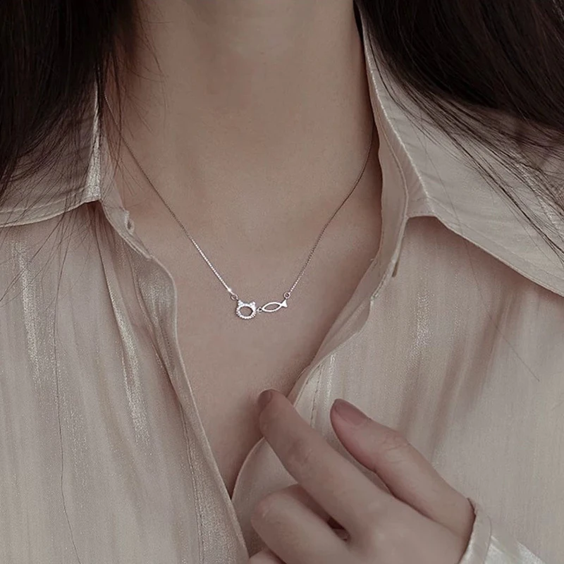 GANPUP Süße Katze Fisch Funkelnder Zirkonia Anhänger Halskette für Damen Mode Neuer Schmuck Halskette Geschenk Party Collares Колье – Detail 4