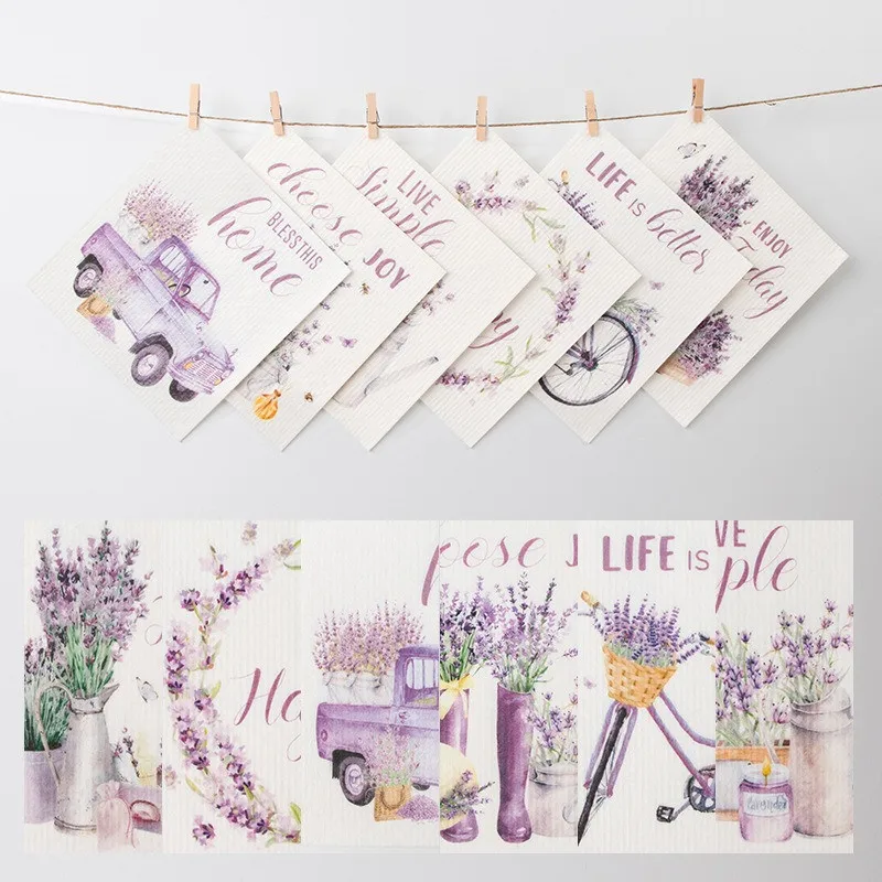 1Pc Reusable Lavender Series Printed Wood Pulp Cotton Kitchen Wiping Glass Cloth Absorbent Non-woven Cleaning Tool