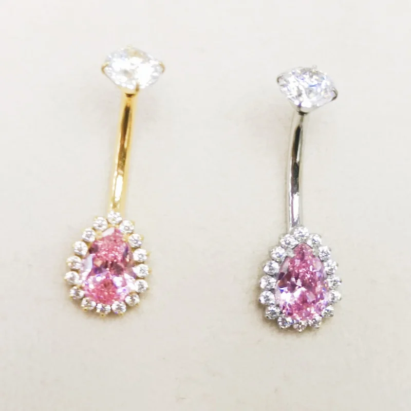 10PCS Body Jewelry-G23 Titanium Smart Sizes 14G  Drop Pink CZ Navel Belly Button Curve Navel Piercing Bbarbells