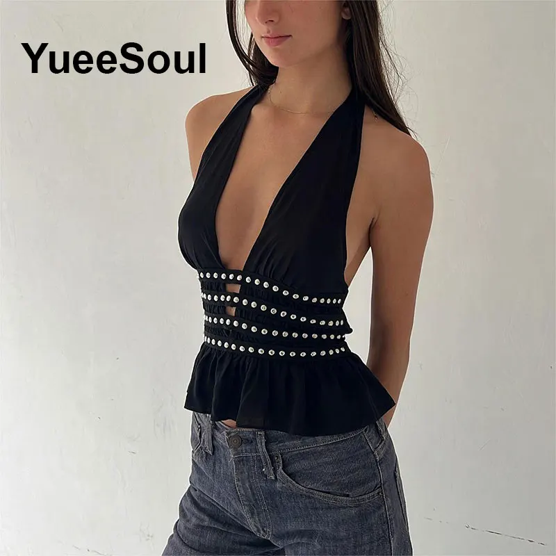 مشد أسود جديد لعام 2025 قمة صيفية عصرية لنوادي الحفلات في الشارع ملابس علوية ضيقة مثيرة بدون أكمام على الطراز القوطي Y2K ملابس نسائية