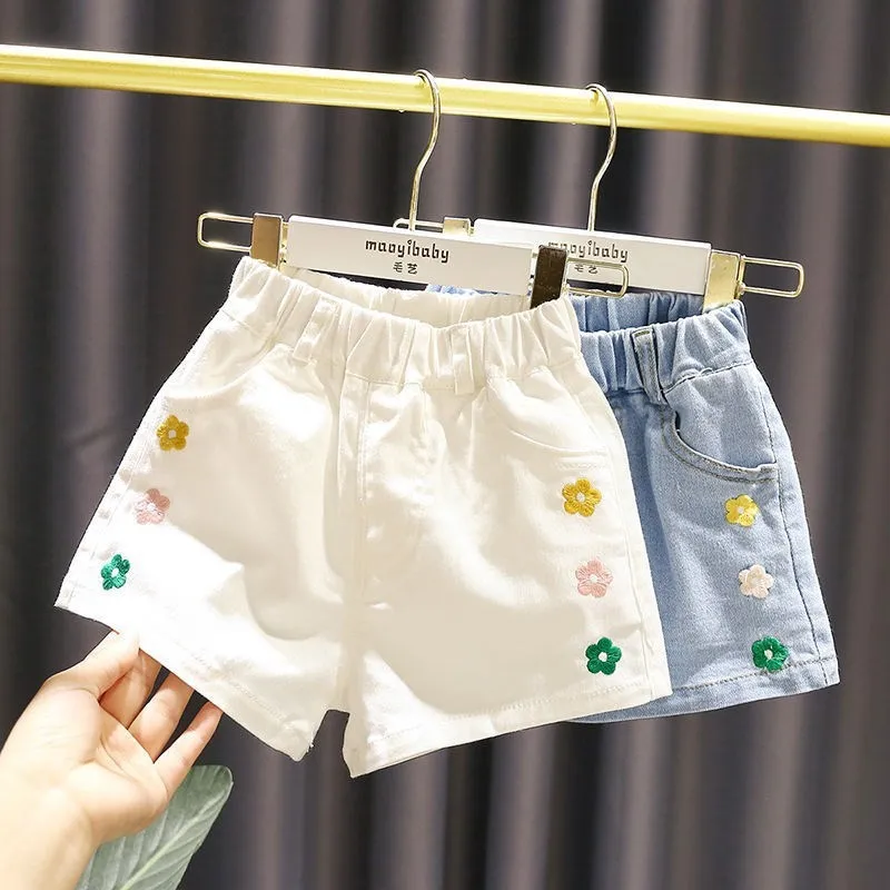 Girls Denim Shorts Summer Flowers Embroidery Elastic Waist Short Pants Children Solid Color Casual Jean Shorts 2-12Y