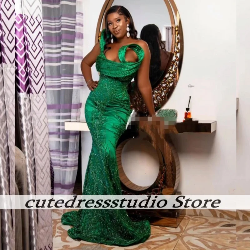 Robes de soirée à volants et perles vertes exquises, longues robes de soirée de mariage sirène, robe de bal, tenue d'occasion formelle personnalisée