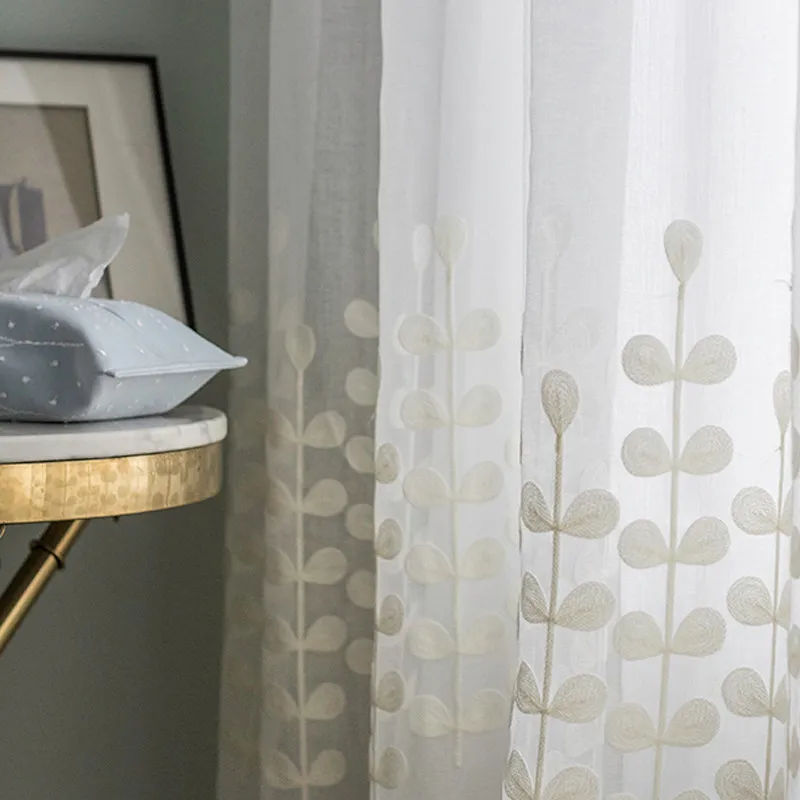 Korean Style Nordic White Embroidered Sheer Elegant Curtain Tulle Window Drapes for Living Room Bedroom Interior Decoration