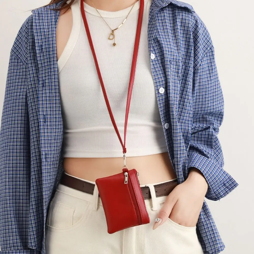 

Solid Color Hanging Neck Coin Purse Lanyard Lipstick Earphone Hanging Neck Wallet Leather Keys Cards Small Storage Bag