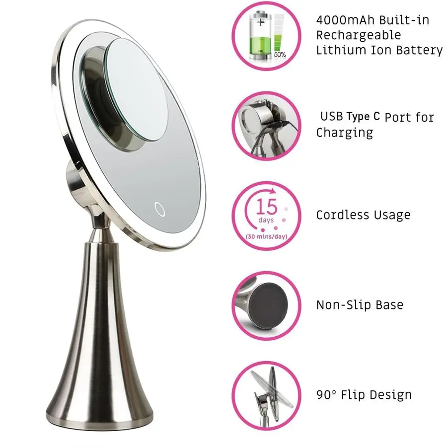 Miroir de maquillage éclairé 9, miroir grossissant double 5x 10x avec 3 couleurs, luminosité réglable, rotation à 360, rechargeable 4000 mAh, femme