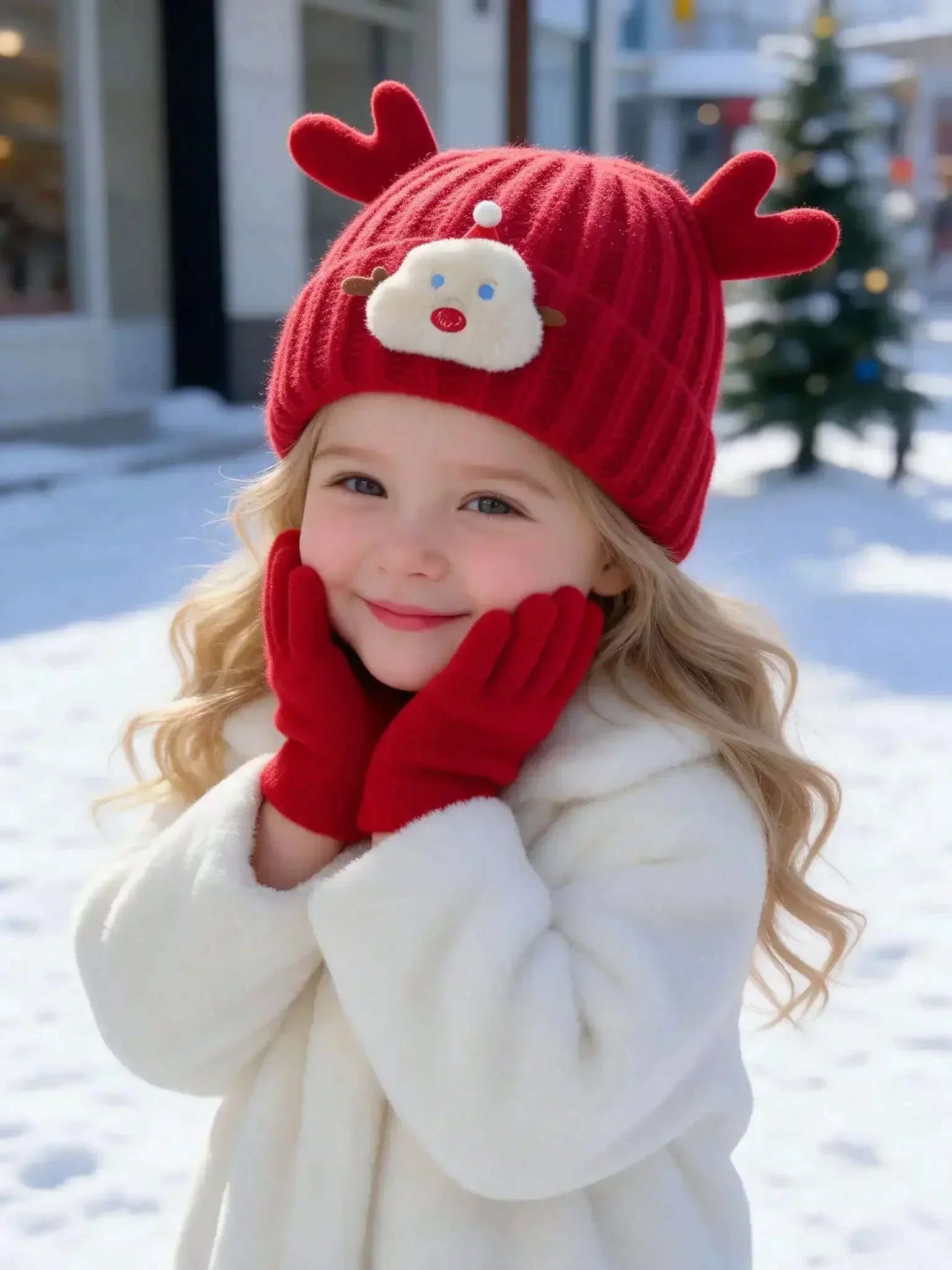 2pcs 2-6Y Kids Girls Cute Knitted Set, Deer Head With Red Antler Decor, Hat And Gloves 2 Pieces Kit, Lovely Holiday Present