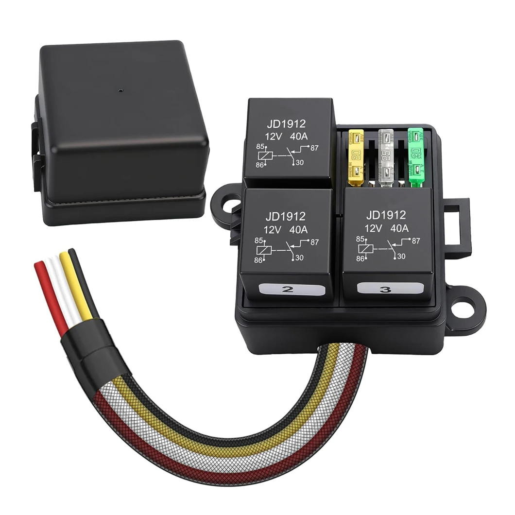 Pre-Wiring DC12V Auto Fuse&Relay Block 3 Ways Blade Fuse with 4Pin 40A JD1912 Relay 12V Fuse Block Relay Kits for Marine Car RV