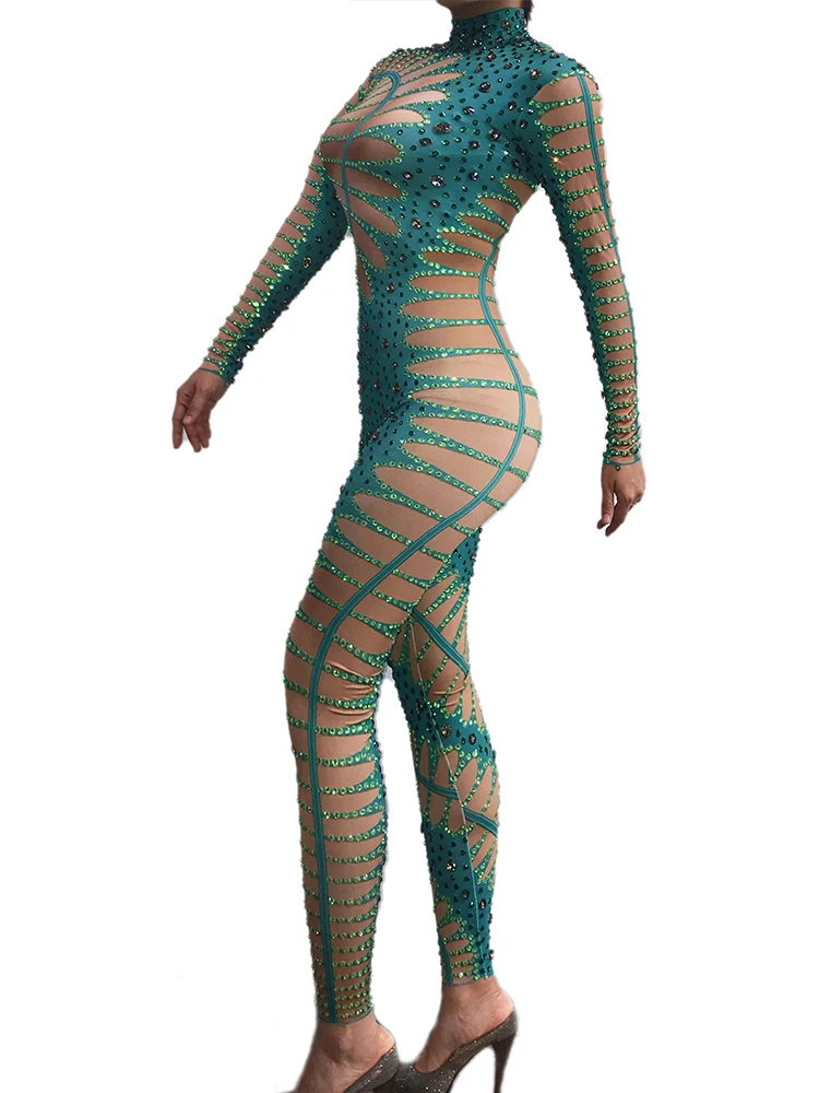 High Quality Hot Diamond Green Elastic Jumpsuit 2024 New Fashion Customized Women'S Clothing