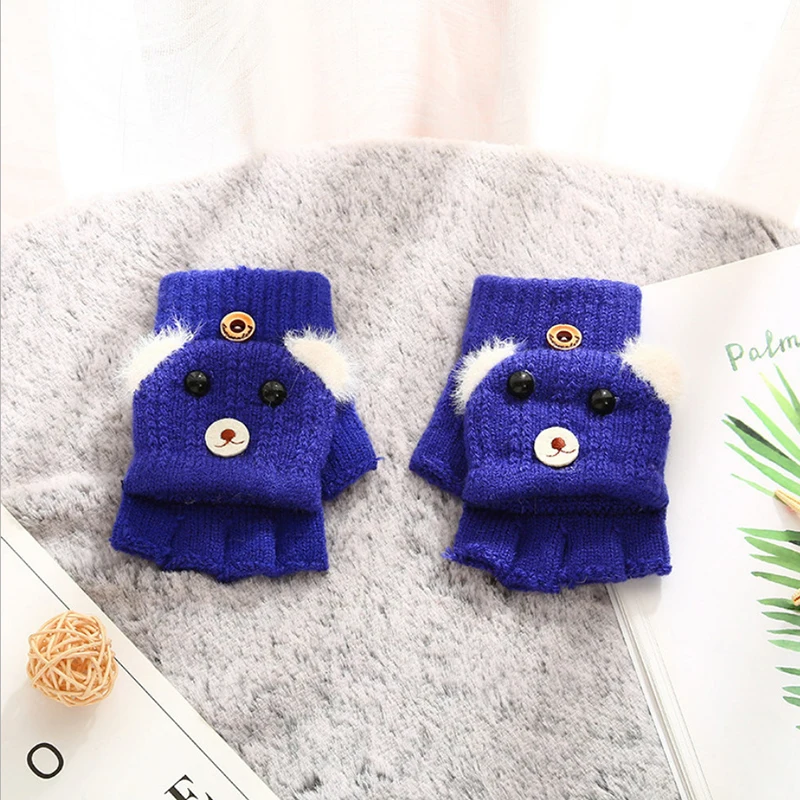 New Winter Kids Gloves Cute Bear Knit Gloves Imitation Cashmere Writing Riding Mitten Flip Cover Half Finger Children Warm Glove