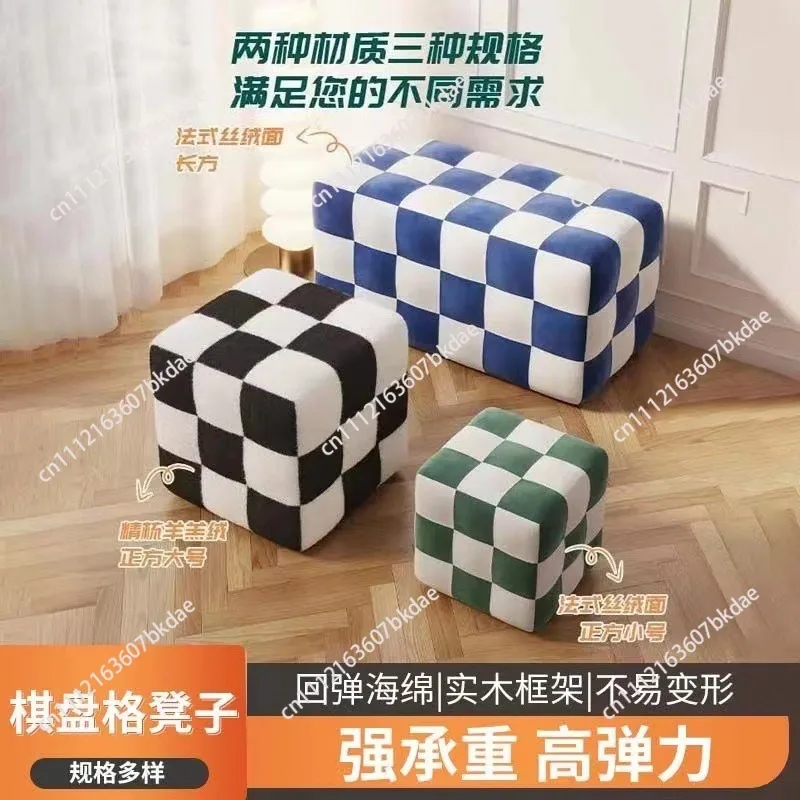 Black and White Makeup Chair Square Vanity Stool with High Elastic Cushion Shoe Bench Modern Step Seat for Girls Bedroom