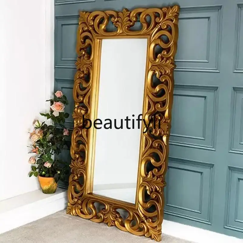 

French carved full body floor dressing mirror large retro European medieval dressing square mirror