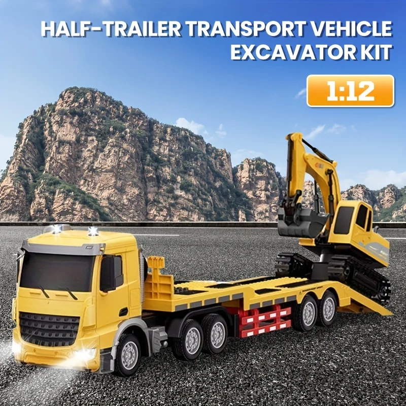 2 In 1 11CH R/C Trailer Flat Trucks Combination Truck Set with Excavator Engineer Vehicle 2.4G R/C Car Christmas Boy Gifts