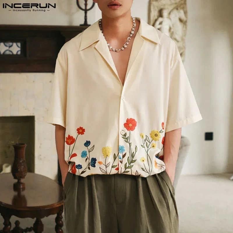 Men Shirt Flower Printing Lapel Short Sleeve Loose Men Clothing Streetwear Korean Style 2024 Summer Casual Shirts S-5XL INCERUN