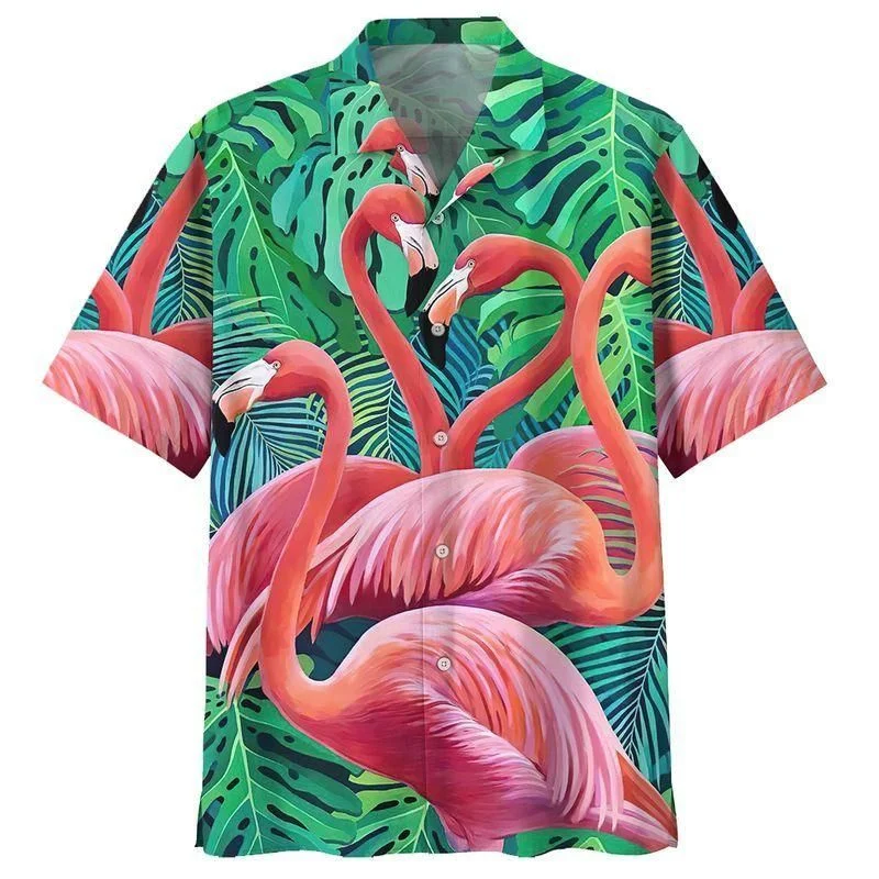 Cartoon Flamingo Birds Pattern Hawaiian Shirts Men 3D Printed Animal Short Sleeve Streetwear Button Blouse Oversized Lapel Shirt