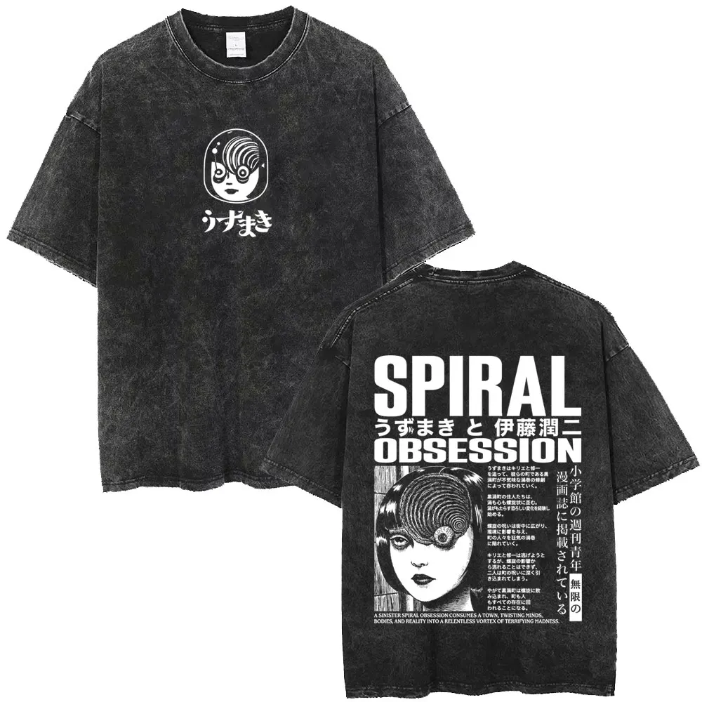 Anime Tomie Junji Ito Spirale Uzumaki Kirie Goshima Vintage Washed T-shirt Men Women Manga Horror Gothic T Shirt Y2k Streetwear