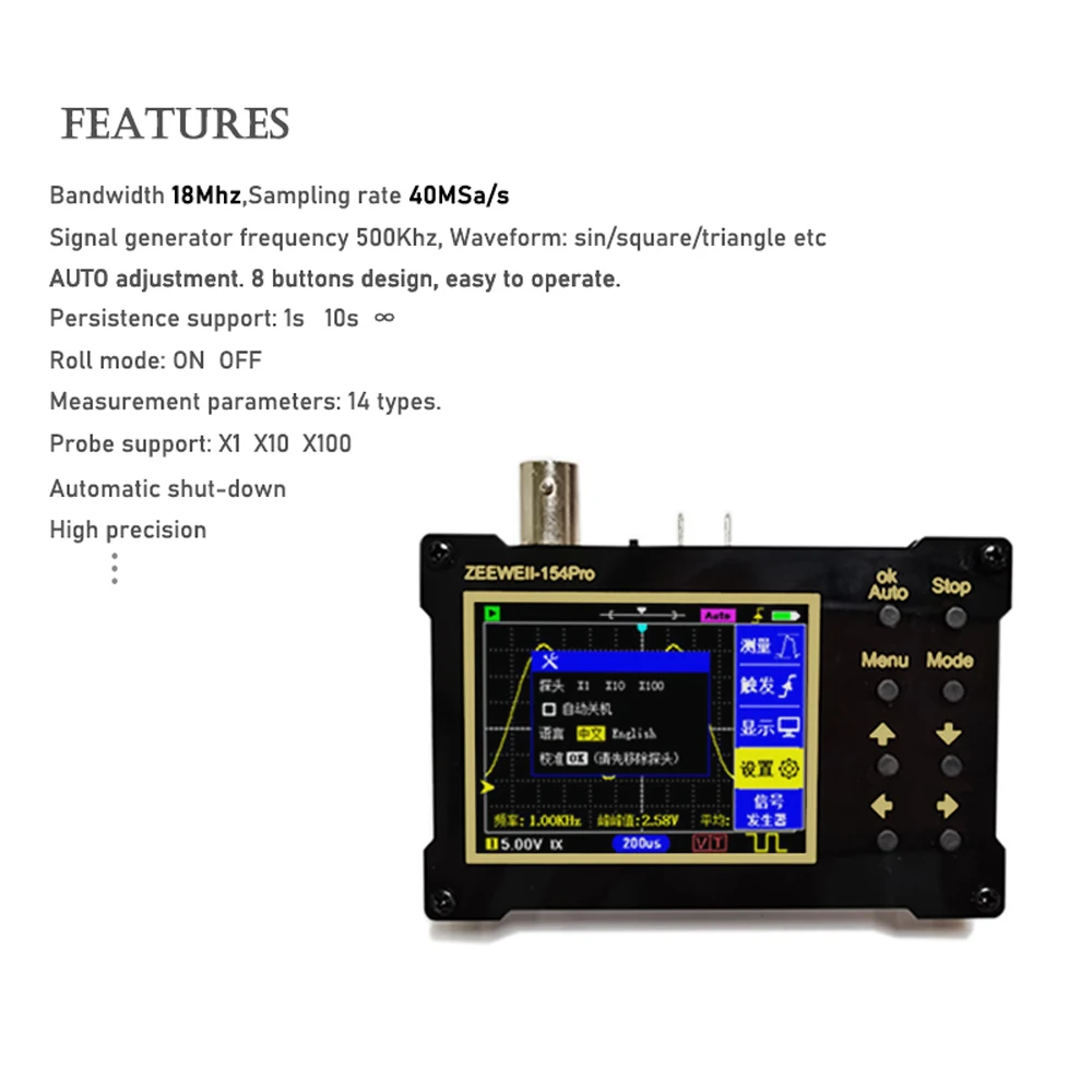 ZEEWEII DSO154Pro 320*240 Resolution 2.4in TFT Color Screen Digital Oscilloscope 40MSa/s Sampling Rate Support Signal Generator