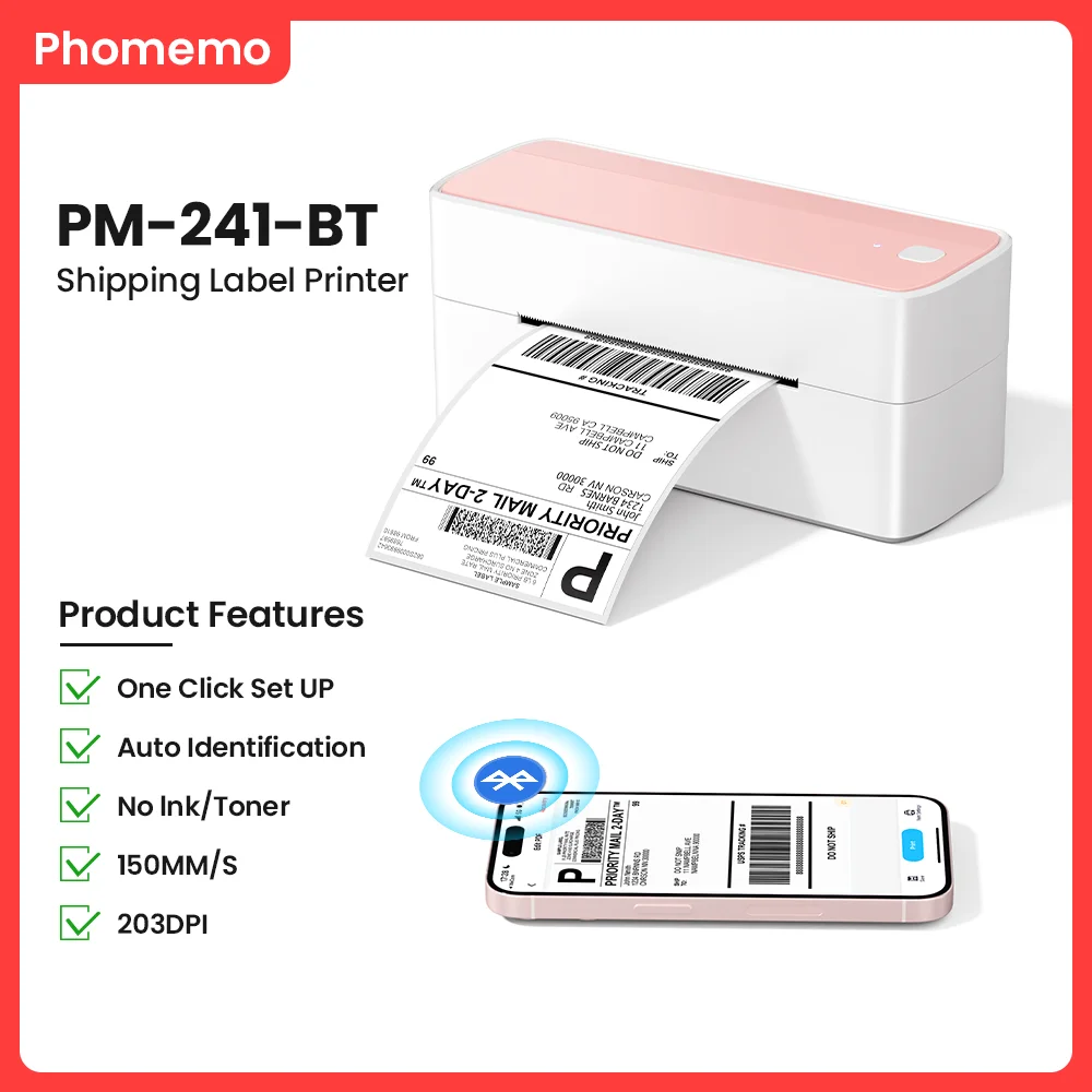 Phomemo Bluetooth Thermal Label Printer, 241BT 4X6 Wireless Shipping Labels Printer for Small Business, Shipping Package