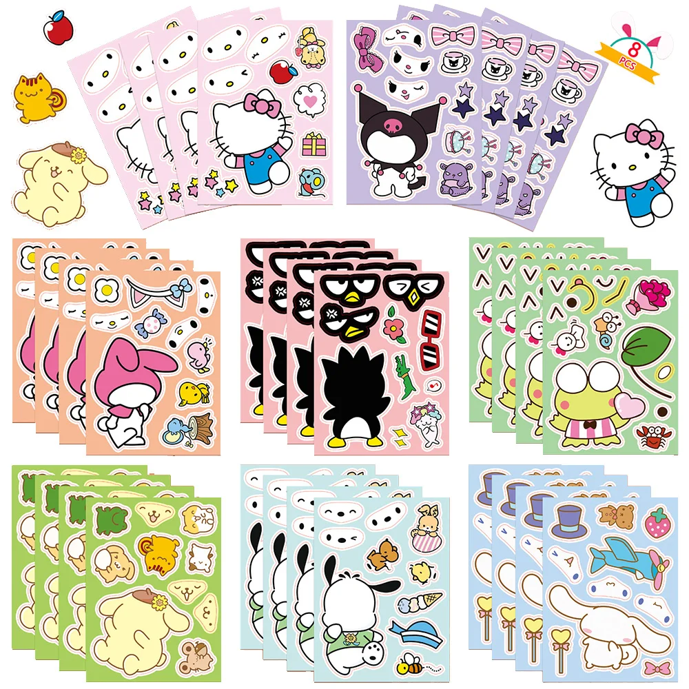 

8/16sheets Sanrio Cartoon Puzzle Stickers Make A Face Children DIY Assemble Jigsaw Decals Cute My Melody Kuromi Kids Sticker Toy