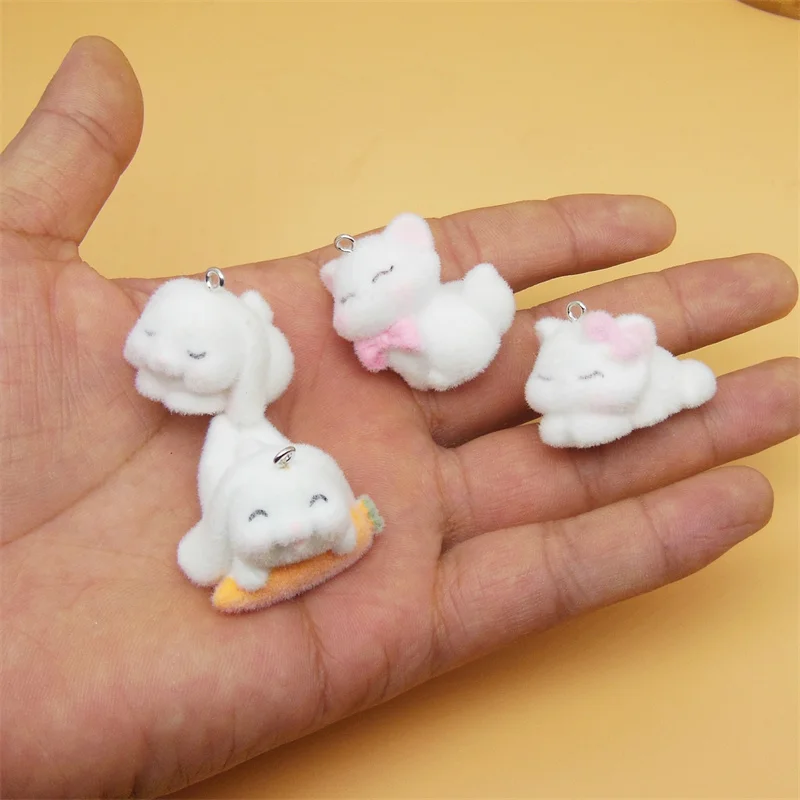 New style 30pcs/lot color flocking cartoon animals rabbits shape resin dolls beads charms diy jewelry accessory