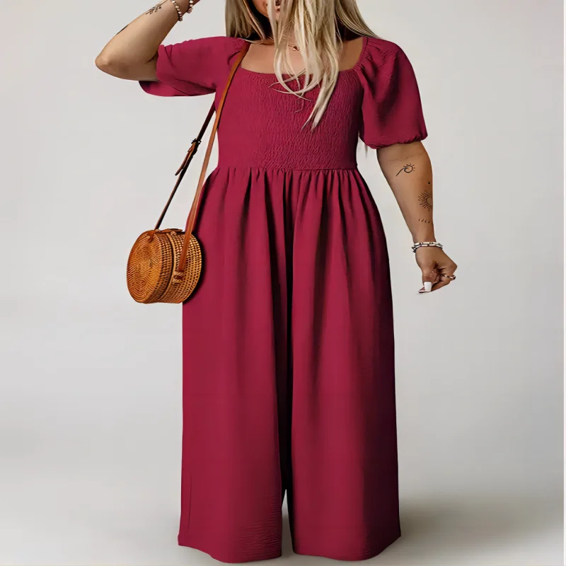 Flattering Solid Color Shirred Wide Leg Jumpsuit Casual Square Neck Short Sleeve Style Perfect for Spring Summer Fashionable W