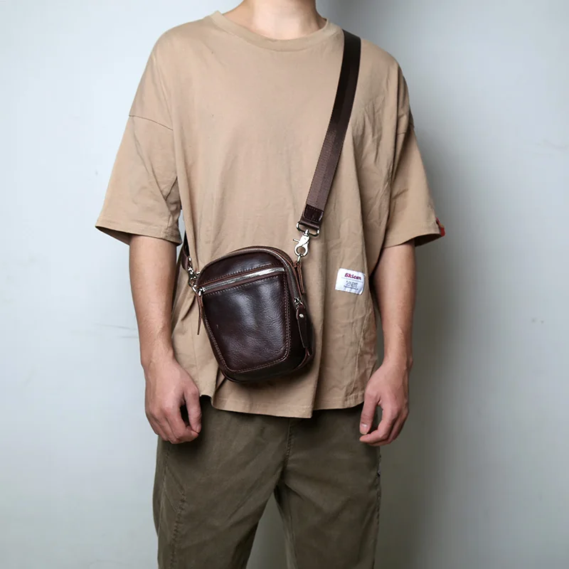 New Leather Men's Mini Bag Niche High-End Waist Bag Vegetable Tanned Leather Shoulder Crossbody Bag Cowhide Phone Bag