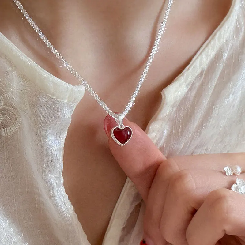 Minar Dainty Red White Double-sided Heart-shaped Pendant Necklace on Both Sides for Women Silver Plated Water-wave Chain Chokers