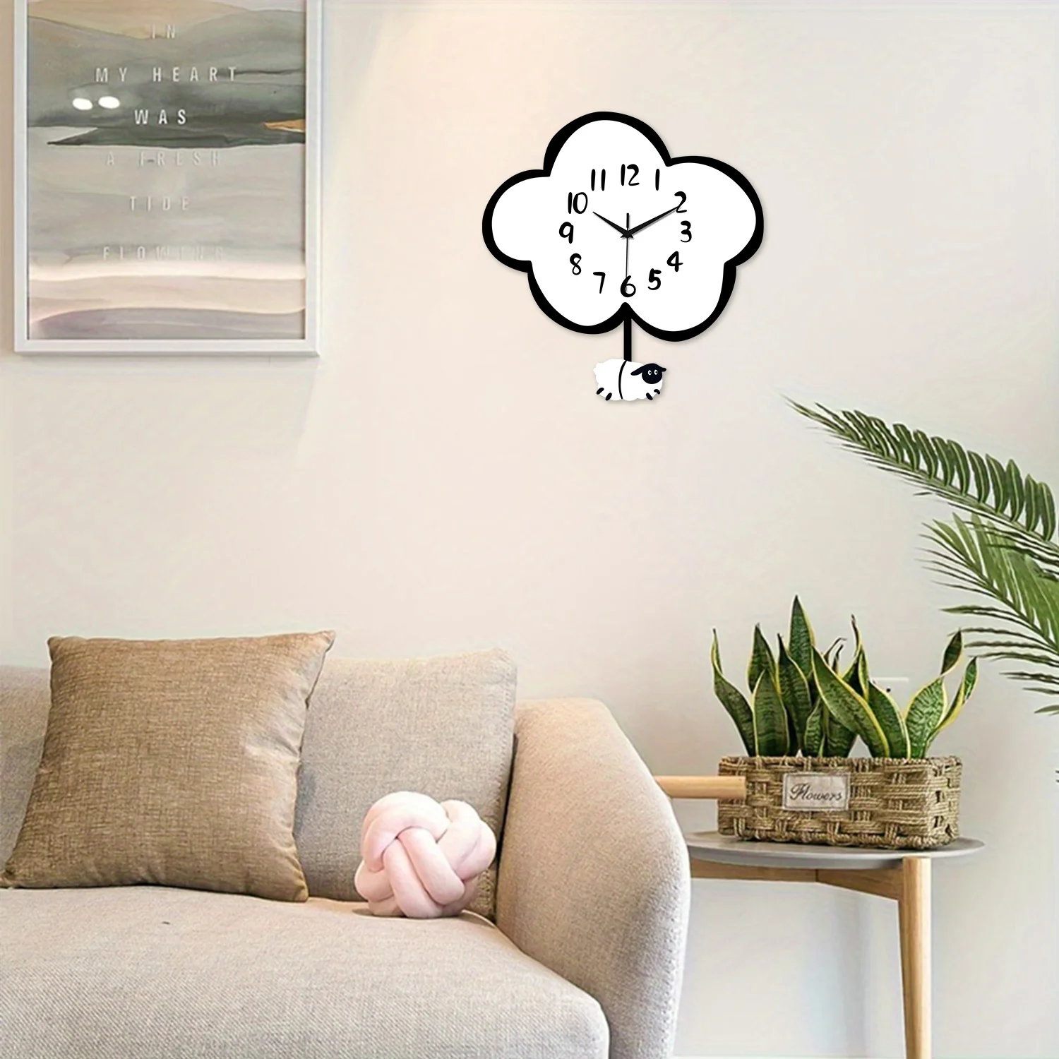 A Modern Cute Wooden Cloud Sheep Large Swinging Wall Clock, Battery-Powered, Silent Swinging Clock for Living Room, Bedroom, Home, Kitchen, Aesthetic Room Decoration, Unique Gift (Battery Not Included) - view 2