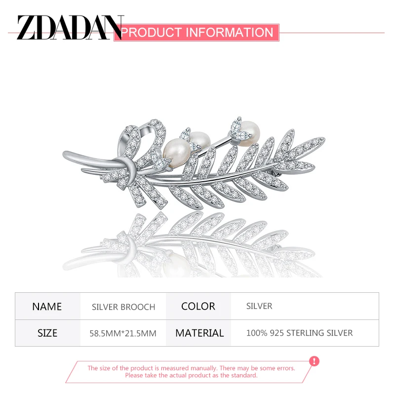 ZDADAN 925 Sterling Silver Leaf Crystal Brooch For Women Wedding Jewelry Accessories