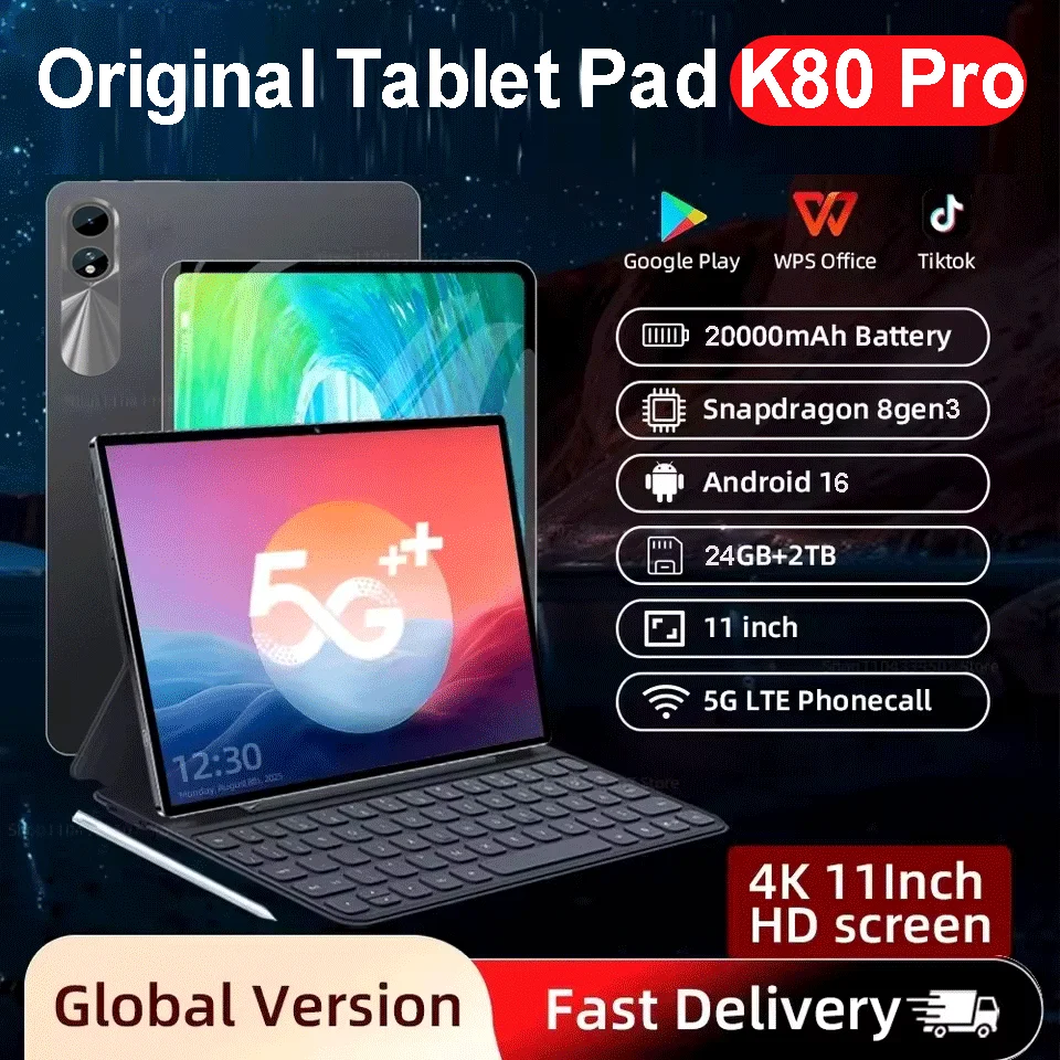 

2026 NEW Pad K80 Pro Tablet 11 Inch 22GB+2TB Tablet Android 16 Snapdragon 8Gen3 20000mAh 5G Dual SIM Card WIFI HD 4K Tablette PC
