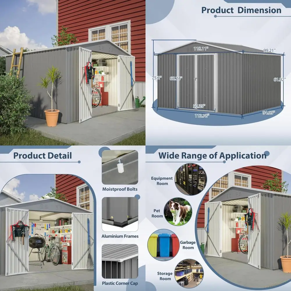 

Outdoor Storage Shed: 8x10 Metal Garden Shed with Lockable Hinged Doors, Sloped Roof, and 4 Air Vents
